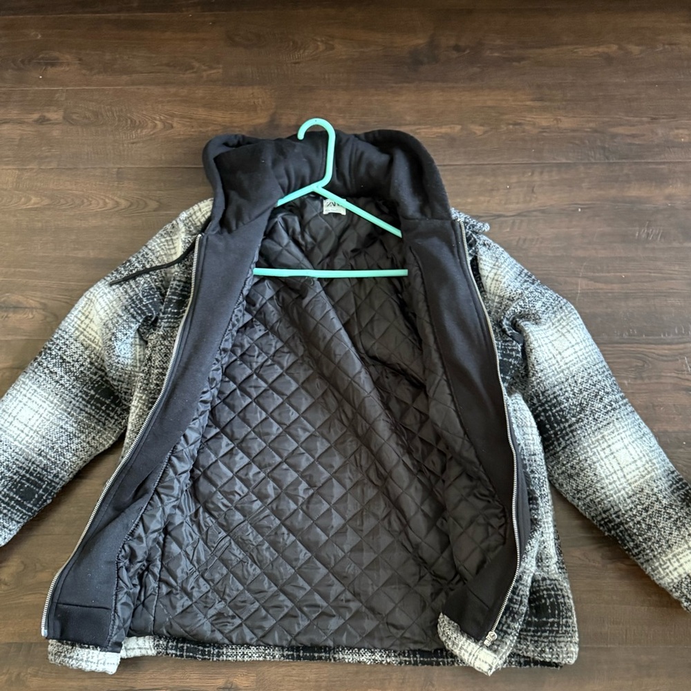 Zara Black and Gray Hooded Quilted Jacket